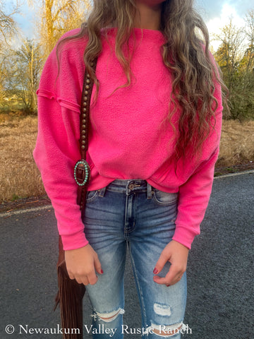 Barbie Pink boatneck fleece pullover